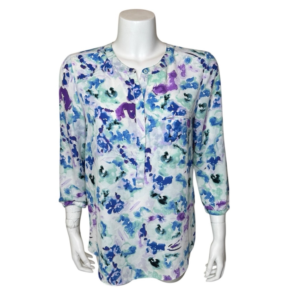 NYDJ Pleat-Back Popover Top Blouse M Blue Floral Abstract Watercolor